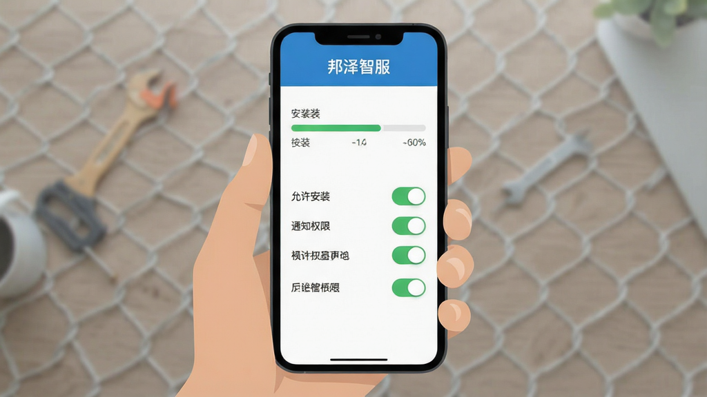 一张展示邦泽智服新手安装与设置流程的示意图,画面中为手机屏幕,屏幕内显示安装进度条与权限设置开关,包含“允许安装”“通知权限”等文字,风格扁平化,布局清晰,细节丰富,画质干净,无多余元素,图片中文字为“邦泽智服”