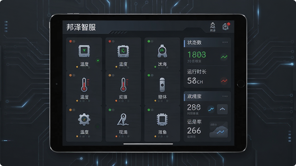 一张展示邦泽智服设备远程监控功能的界面图,画面中为平板电脑屏幕,屏幕内显示多个设备图标与状态指示灯,包含温度、运行时长等数据面板,背景为深灰色科技风格,细节清晰,画质干净,无多余元素,图片中文字为“邦泽智服”