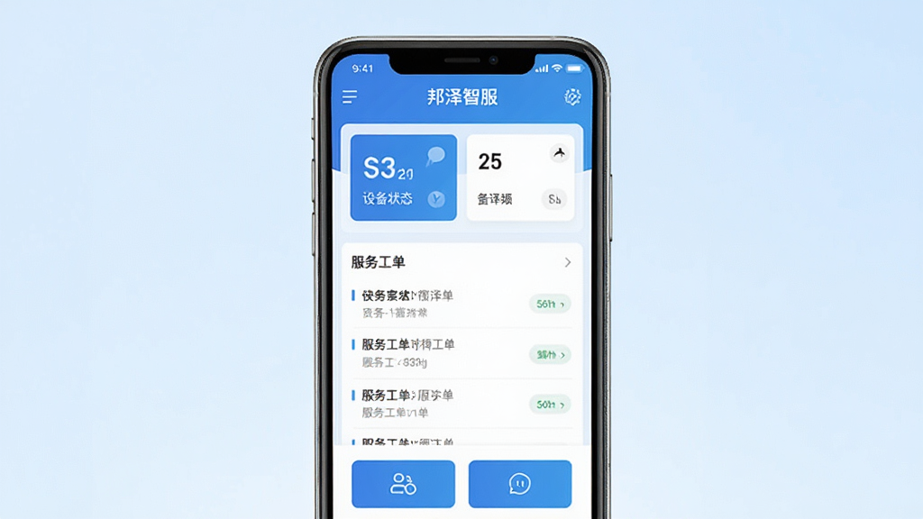 一张展示邦泽智服软件核心功能的整体预览图,画面中央为手机屏幕,屏幕中显示邦泽智服的首页界面,包含设备状态卡片、服务工单列表和快捷操作按钮,背景为浅蓝色渐变,风格简洁商务,细节清晰,画质干净,无多余元素,图片中文字为“邦泽智服”