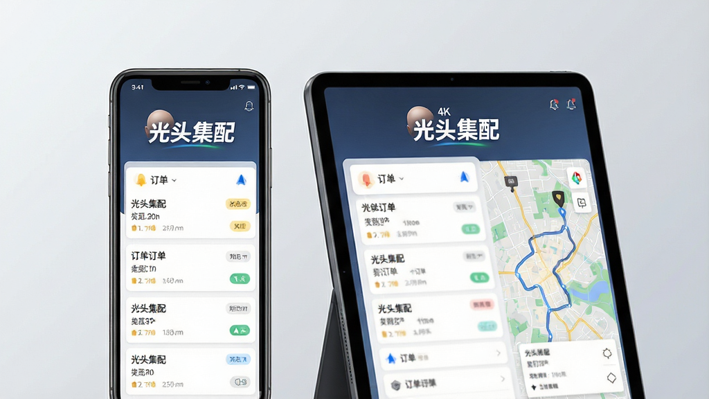 主体为一部智能手机与一台平板电脑并排展示,屏幕上呈现光头集配软件的主界面,包含订单列表与地图配送路线;布局采用居中对称构图,手机与平板略微倾斜;排版上软件名称“光头集配”以白色粗体字显示在屏幕顶部;风格为现代科技感UI展示,背景为浅灰色渐变,细节包括订单卡片、导航图标、状态标签;画质清晰干净,无多余元素,4K分辨率。