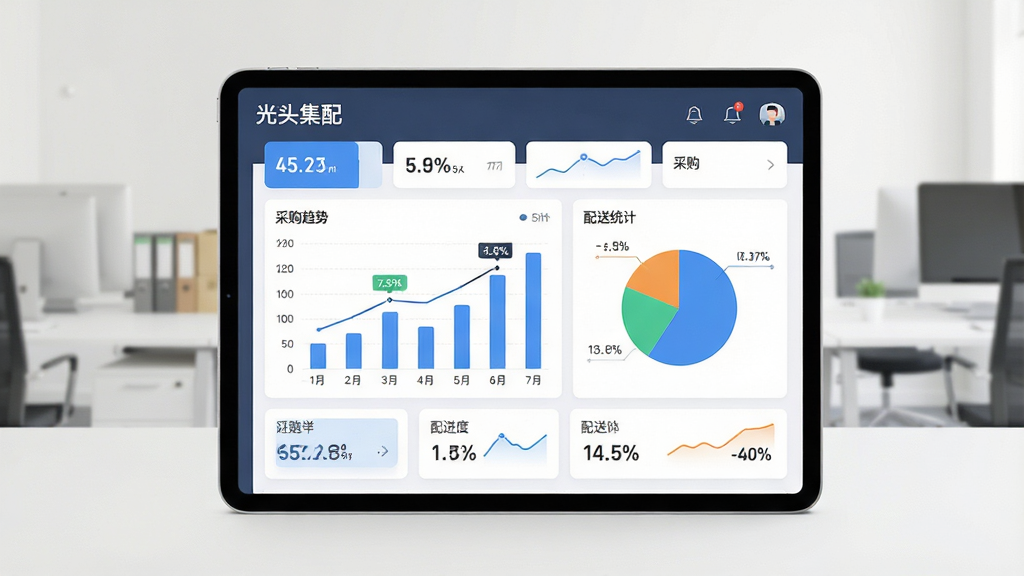 主体为平板电脑显示光头集配的数据统计看板,包含柱状图与饼图;布局为平板居中,背景为浅色办公环境;排版上图表清晰展示采购趋势与配送统计,文字“光头集配”显示在看板标题处;风格为现代商务数据可视化风格,细节包括数据卡片、趋势线、百分比标签;画质干净整洁,无多余元素。