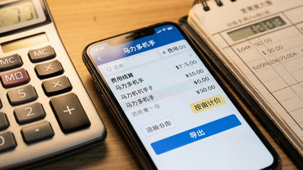 主体是手机屏幕显示“马力多机手”费用结算页面,布局为居中特写,手机放置于计算器和账本旁边,形成工作场景。排版上采用生活化静物摄影风格,风格为写实商务,细节包括屏幕上清晰的费用清单条目、金额数字、导出按钮以及按亩计价的标签;背景有柔和暖光,计算器按键隐约可见,画质为高清摄影,干净无多余元素,无杂乱文字。