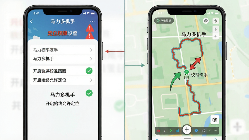 主体是手机屏幕显示“马力多机手”定位权限设置界面与作业轨迹校准画面,布局为左右分屏对比,左侧为权限设置截图风格,右侧为地图校准界面。排版上采用教程图解风格,风格为扁平化信息图,细节包括红色警示图标、绿色对勾标识、轨迹线校准前后的对比箭头,画面中清晰标注文字“马力多机手”和“开启始终允许定位”;画质为高清矢量,干净无多余元素,无杂乱装饰。