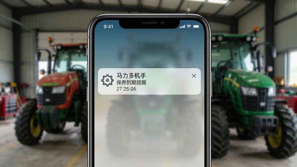 主体是手机弹出通知提醒界面,通知内容为“马力多机手”发出的保养提醒,布局为手机屏幕正面特写,背景是模糊的农机库房。排版上采用竖版UI展示风格,风格为写实界面设计,细节包括通知横幅上的齿轮图标、文字“保养到期提醒”、时间戳以及手机顶部状态栏;背景中隐约可见拖拉机轮廓,光线为室内自然光,画质为高清,干净无多余元素,无杂乱文字。