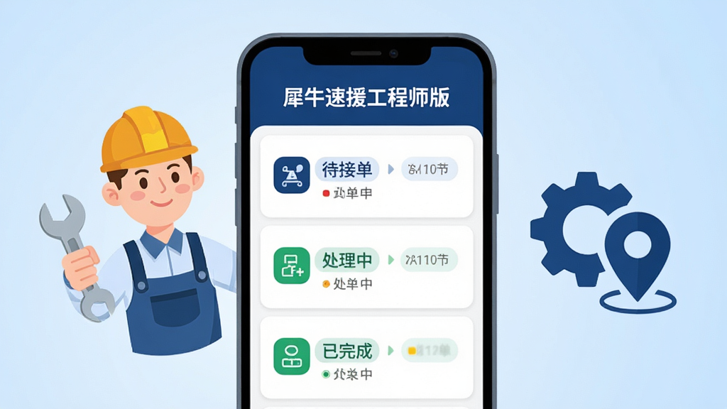 画面中央是一部竖屏安卓手机,手机屏幕上显示“犀牛速援工程师版”的工单列表界面,列表包含待接单、处理中、已完成三种状态标签,手机左侧漂浮着一个戴安全帽手持扳手的卡通工程师形象,右侧是简洁的齿轮与定位图标组合,背景为浅蓝色渐变,整体布局左中右均衡,风格为扁平化商务插画,细节上手机边框圆润、图标线条清晰、文字使用白色与深蓝色搭配,画质高清,画面干净,无多余元素