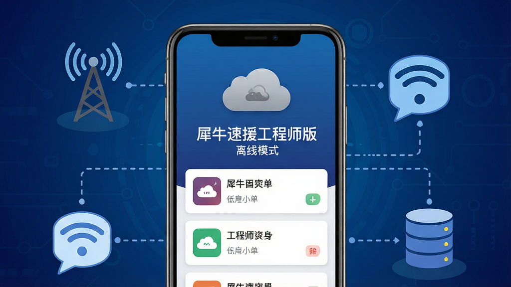 画面中央是一部手机屏幕显示“犀牛速援工程师版”离线模式界面,界面顶部有灰色云朵图标表示无网络,下方是已缓存的工单卡片列表,手机周围环绕着信号塔、WiFi图标与数据库图标,用虚线连接表示数据同步,背景为深蓝色科技感渐变,风格为扁平化矢量插画,细节上图标简洁、文字清晰、色彩对比分明,画质高清,画面干净,无多余元素