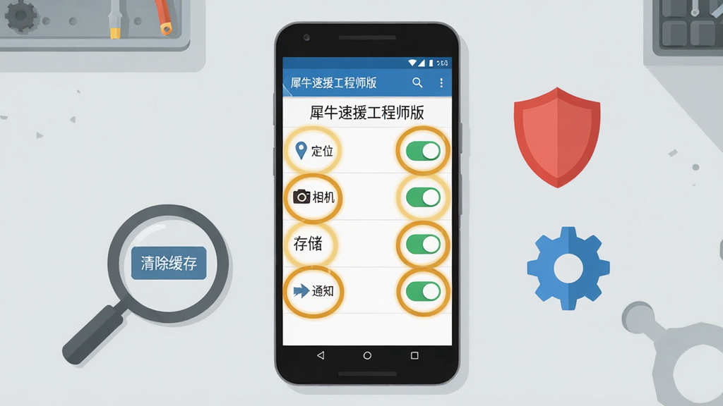 画面中央是一部安卓手机显示“犀牛速援工程师版”权限设置界面,界面中定位、相机、存储、通知四个权限开关均被高亮圈出,手机右侧漂浮着一个红色盾牌图标和蓝色齿轮图标,左侧有一个放大镜对准“清除缓存”按钮,背景为浅灰色工作台面,风格为扁平化教程插画,细节上文字清晰、开关状态明确、图标简洁,画质高清,画面干净,无多余元素