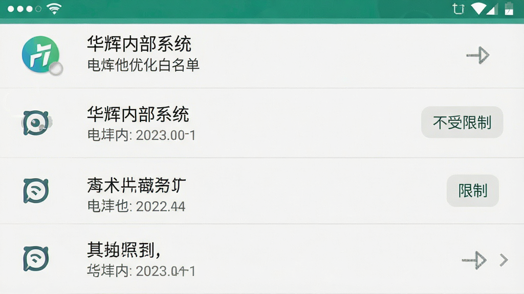一张展示安卓手机设置界面的示意图,主体为电池优化白名单设置页面,布局为列表形式,风格为系统原生UI风格,细节包含