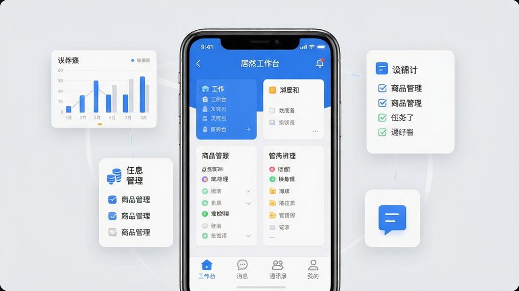 居然工作台APP主界面展示,画面中央是一部智能手机,屏幕上显示居然工作台应用首页,包含工作台、消息、通讯录、我的等底部导航栏,界面采用简洁现代的卡片式布局,背景为浅灰色,手机周围环绕着数据图表、任务列表、商品管理等功能图标,整体风格清爽商务,色调以白色和蓝色为主,画质清晰干净,无多余元素