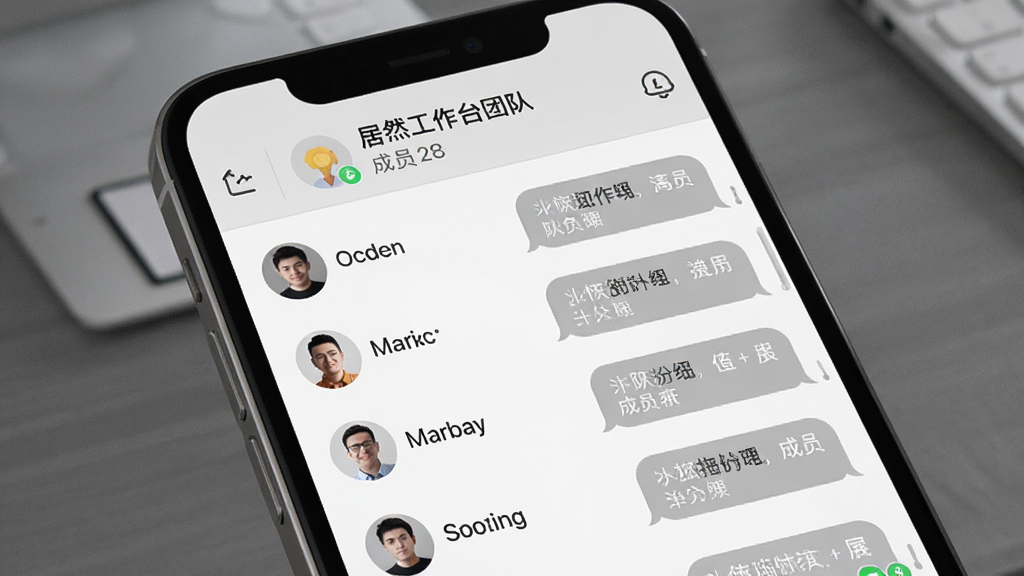 居然工作台团队沟通界面,手机屏幕显示聊天对话列表,左侧是联系人头像和名称,右侧是消息气泡,顶部有群组名称和成员数量,界面风格简约商务,以灰白色为主,画质干净清晰
