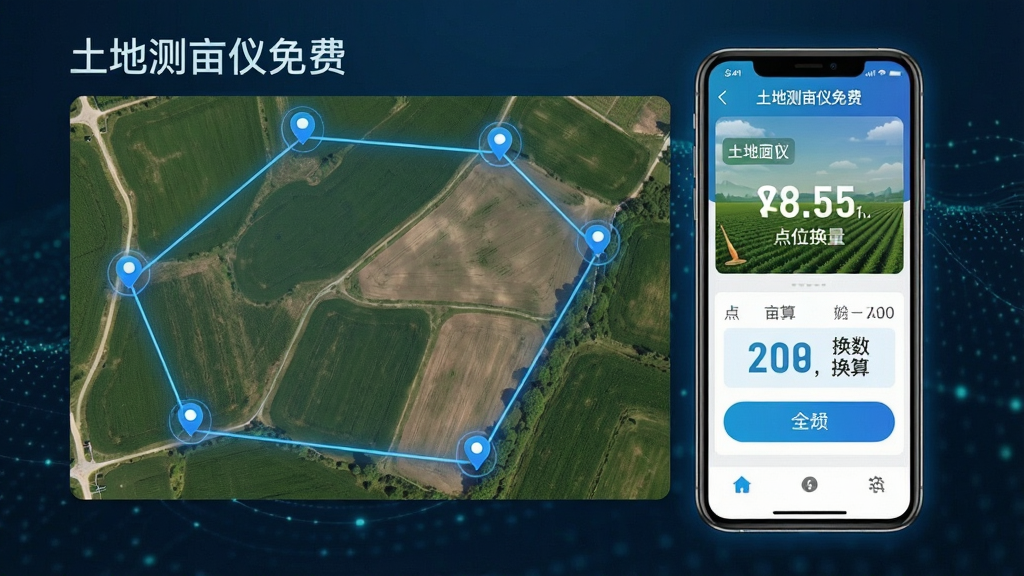 手机界面展示土地测亩仪免费的多点测量功能,画面中央为不规则农田俯视图,农田边界上有多个蓝色定位点相连形成多边形,手机悬浮在画面右侧显示测量面积与点位数量,布局采用左图右机排版,风格科技感与农业场景结合,细节包含