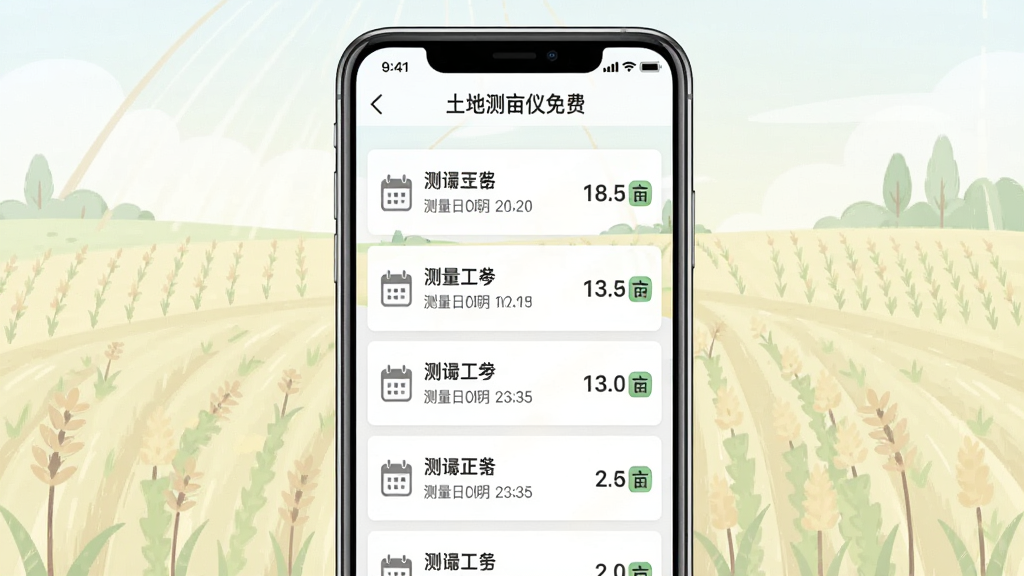 手机屏幕展示土地测亩仪免费的历史记录列表界面,列表中包含多个地块名称、测量日期与面积数值,背景为淡色农田插画,主体为手机界面特写,布局采用居中手机展示,风格简约商务,细节包含
