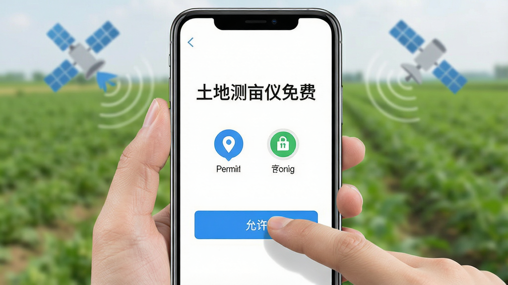 手机屏幕显示土地测亩仪免费的权限设置引导页面,画面中有一只手正在点击