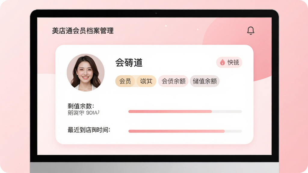 美店通会员档案管理界面,屏幕中展示一位女性会员的详细资料卡片,包含头像、姓名、会员等级、储值余额、剩余次数、最近到店时间,背景为淡粉色渐变,布局为上下结构,风格为柔和圆角卡片式UI设计,细节有标签与进度条,画质清晰,干净,无多余元素