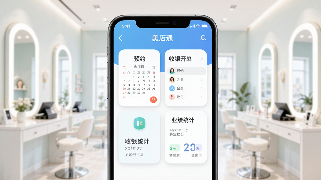 一部智能手机屏幕中央显示美店通应用主界面,界面包含预约日历、会员列表、收银开单、业绩统计四个功能卡片,背景是明亮整洁的美容店内景,画面采用居中对称布局,风格为清爽的扁平化UI插画,细节包含柔和阴影与圆角图标,画质清晰,干净,无多余元素