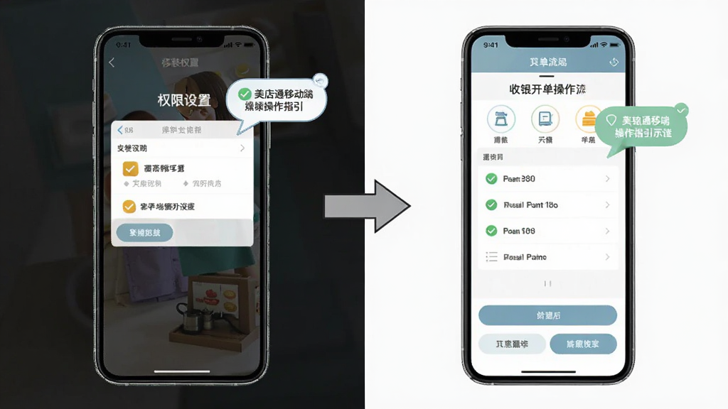 美店通移动端操作指引示意图,画面左侧为手机安装权限设置界面,右侧为收银开单操作流程,中间用箭头连接,采用左右对比布局,风格为简洁步骤说明图,细节有勾选图标与提示气泡,画质清晰,干净,无多余元素