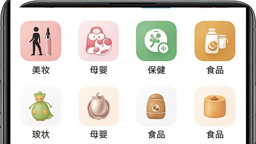 一张展示豌豆公主APP商品分类页面的手机截图风格图片,画面中手机屏幕显示美妆、母婴、保健、食品等分类图标整齐排列,每个分类配有代表性商品小图,背景为纯白色,风格干净整洁,细节包括分类文字标签和彩色图标,画质高清,无杂乱元素