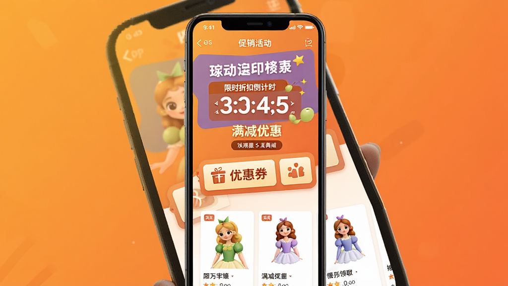 一张展示豌豆公主APP促销活动页面的手机界面图,画面中手机屏幕显示限时折扣倒计时、满减优惠标签和优惠券领取按钮,背景为暖橙色渐变,风格活泼醒目,细节包括活动横幅和商品推荐位,画质清晰,干净,无多余元素