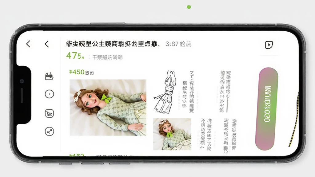 一张展示豌豆公主APP商品详情页的手机界面图,画面中手机屏幕显示中文商品标题、价格、图文详情和加入购物车按钮,背景为淡灰色,风格简洁明了,细节包括商品图片和中文描述文字,画质高清,无多余元素