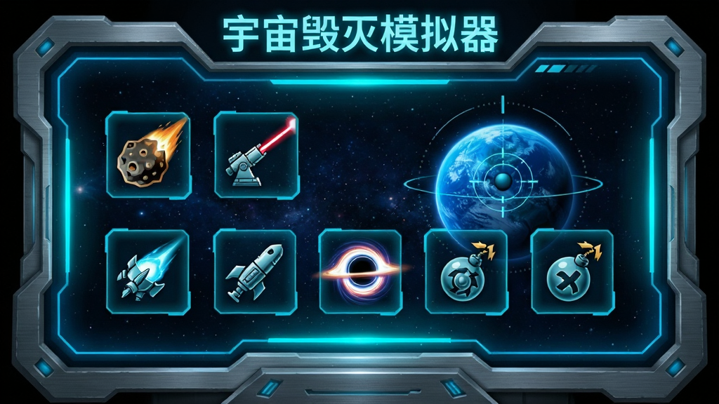 一个充满未来感的武器控制界面,屏幕上显示着多种毁灭武器的图标,包括陨石、激光炮、黑洞发生器、反物质炸弹等,背景是星空和一颗被瞄准的蓝色星球,界面采用全息投影风格,以蓝色和青色光效为主,金属质感强烈,画质清晰,布局整洁,画面顶部用发光字体写着“宇宙毁灭模拟器”