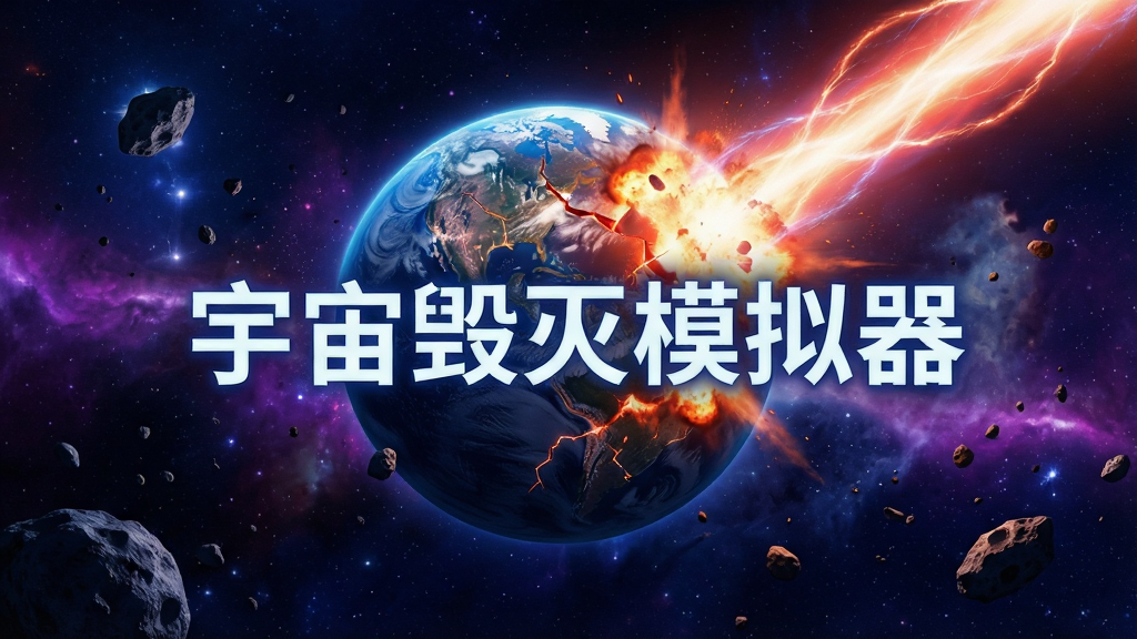 浩瀚的宇宙星空背景中,一颗蔚蓝色的星球正在被巨大的能量光束击中,表面出现裂纹和爆炸火光,周围散布着星云和碎星岩石,画面采用科幻写实风格,色彩以深蓝、紫色和橙红色爆炸光为主,细节丰富,画质清晰干净,无多余元素,画面中央用发光字体写着“宇宙毁灭模拟器”