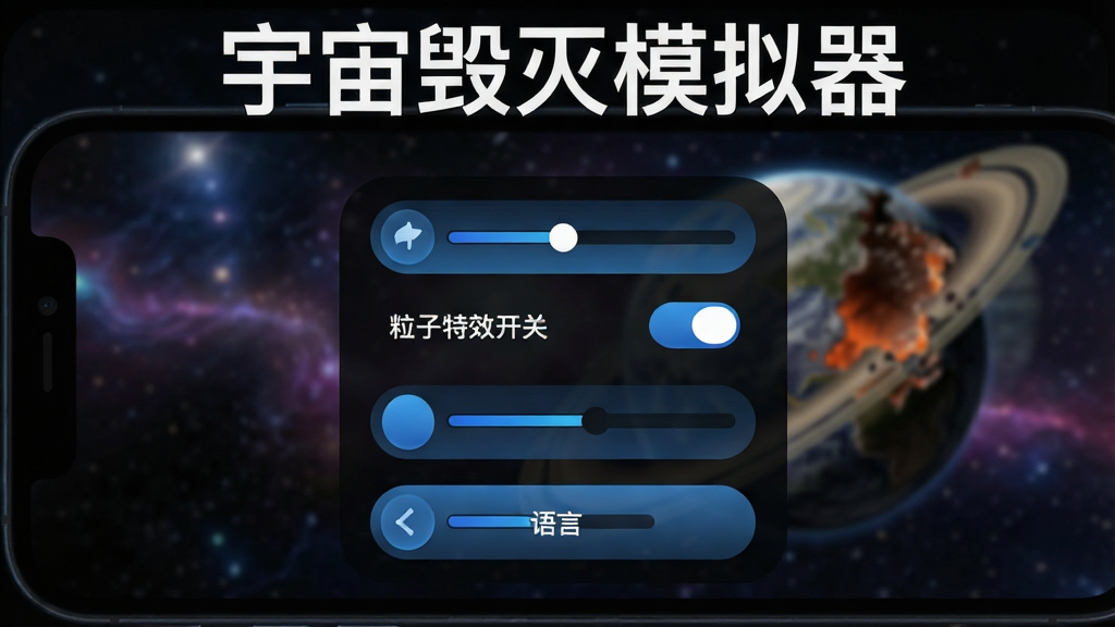 一个手机屏幕界面,显示宇宙毁灭模拟器的游戏设置菜单,菜单中包含画质调节、粒子特效开关、音效设置、语言选择等选项,背景是模糊的星空和一颗半毁灭的星球,界面采用深色主题,按钮风格圆润,以蓝色和白色文字为主,画质清晰,布局简洁,屏幕上方用白色字体写着“宇宙毁灭模拟器”
