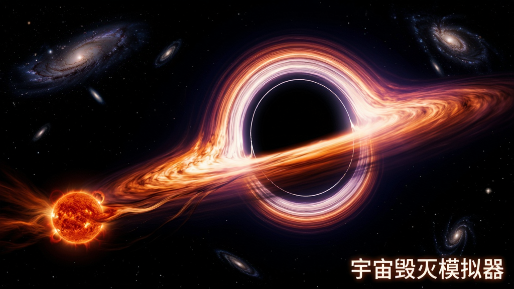 科幻风格的宇宙场景中,一个巨大的黑洞正在吞噬一颗橙红色的恒星,恒星被拉成细长的流线状物质,周围环绕着发光的吸积盘,背景是深邃的太空和远处的星系,画面采用高对比度色彩,以黑色、橙色和紫色为主,风格写实且富有冲击力,画质纯净,无杂乱元素,画面角落用发光字体标注“宇宙毁灭模拟器”