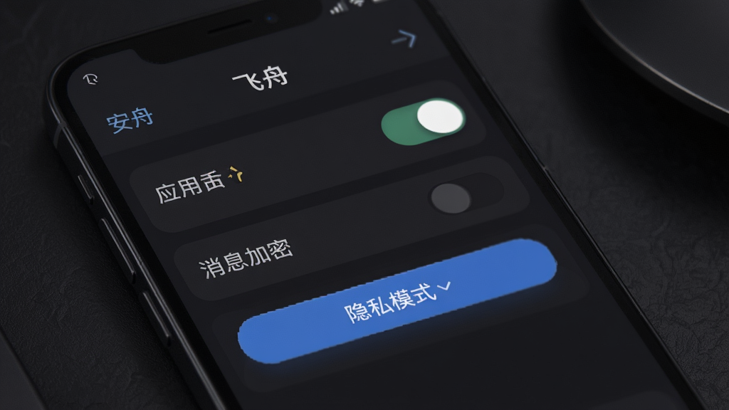 一张展示隐私安全设置界面的图片,画面中手机屏幕显示“飞舟”应用的安全设置页面,包含应用锁开关、消息加密选项和隐私模式按钮,背景为深色主题,风格稳重专业,画质高清,布局清晰