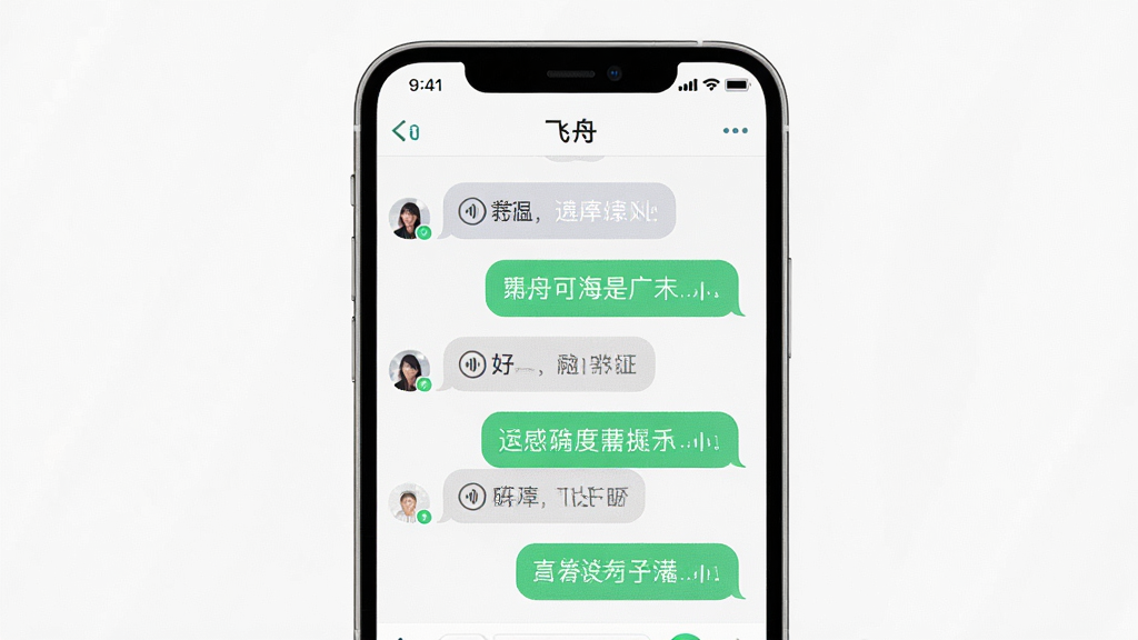 一张展示即时通讯聊天界面的图片,画面中手机屏幕显示“飞舟”应用的聊天窗口,对话气泡左右分布,包含文字和语音消息图标,顶部显示联系人昵称,背景为干净的白色界面,风格简约现代,画质高清,无多余装饰元素