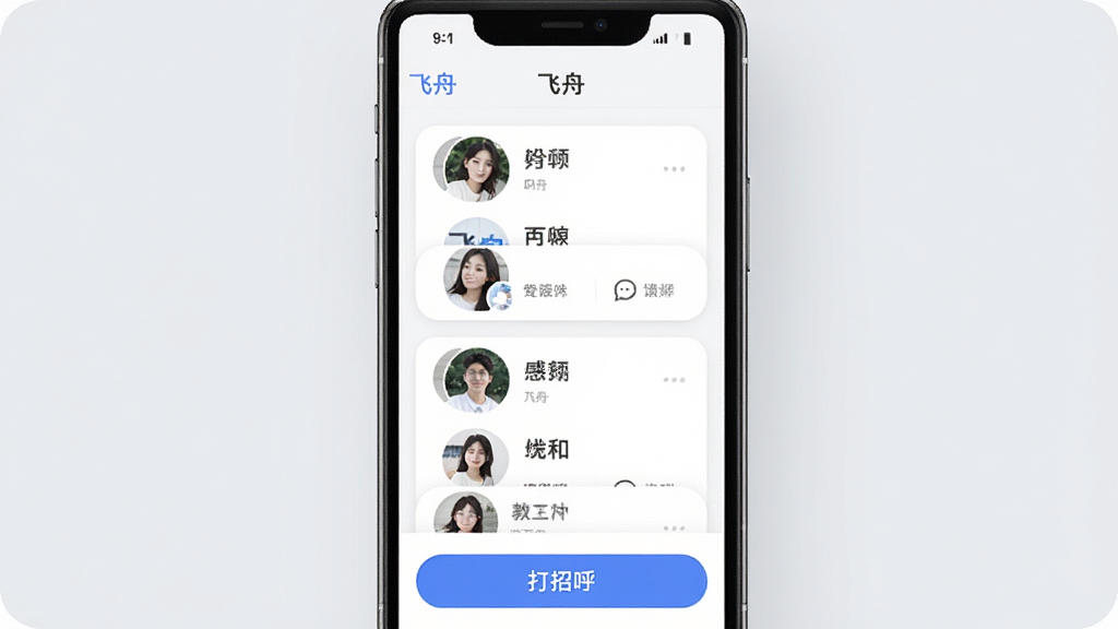 一张展示社交交友推荐界面的图片,画面中手机屏幕显示“飞舟”应用的好友推荐页面,卡片式布局展示多位用户头像和昵称,底部有“打招呼”按钮,背景为浅灰色,风格清新简约,画质高清,干净整洁