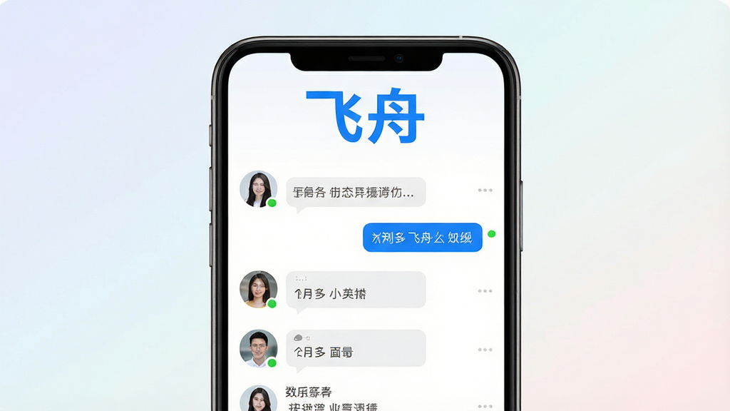 一张展示手机社交应用界面的图片,画面中央是一部智能手机,屏幕显示聊天列表和好友头像,应用名称“飞舟”以醒目的蓝色字体出现在屏幕顶部,背景为柔和的浅色渐变,整体布局简洁清晰,风格现代科技感,细节包括消息气泡、在线状态圆点,画质高清,干净无多余元素