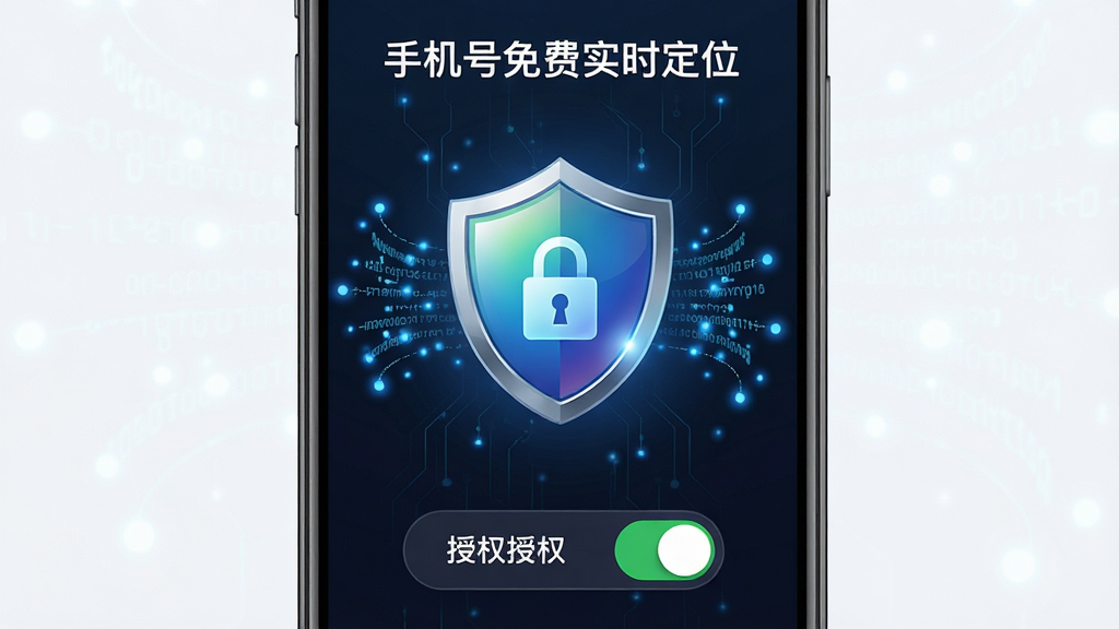 一部手机屏幕显示“手机号免费实时定位”的隐私安全设置界面,画面中央有一个盾牌图标和锁形图标,周围环绕着加密数据流的线条,屏幕下方有授权开关按钮,布局为竖屏居中构图,排版简洁,风格为安全科技风,细节包括盾牌上的光泽渐变、数据流的蓝色光点、开关按钮的绿色状态,画质清晰,干净,无多余元素。