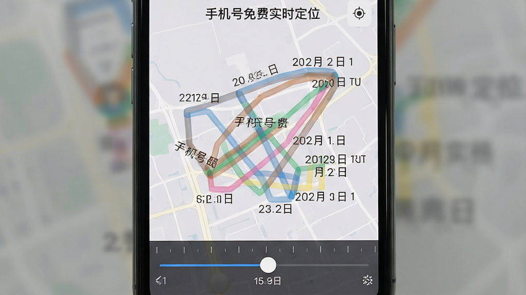 一部手机屏幕显示“手机号免费实时定位”的历史轨迹回放界面,地图上有多条不同颜色的轨迹线交错分布,每条轨迹旁边标注了日期和时间段,屏幕下方有一个时间轴滑块,布局为竖屏手机正面特写,排版层次分明,风格为清新简约风,细节包括轨迹线的半透明效果、时间轴上的刻度标记、地图背景的浅灰色调,画质清晰,干净,无多余元素。