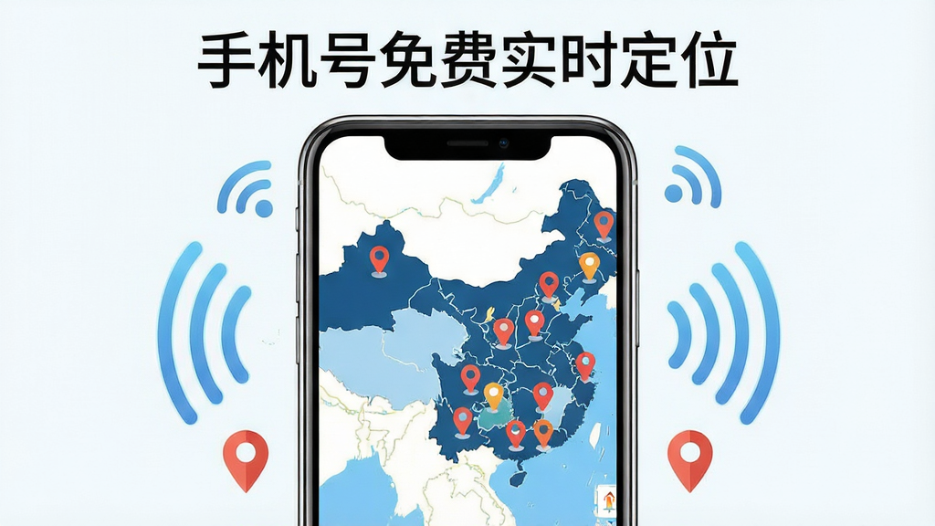 一张手机屏幕展示地图定位界面的图片,画面中央是一部智能手机,屏幕上显示中国地图和若干定位标记点,手机周围环绕着信号波纹和位置图标,整体布局为居中构图,排版整洁,风格为扁平化科技风,细节包括手机边框的光泽感、地图上的街道线条和定位针图标,图片上方有文字“手机号免费实时定位”,画质清晰,干净,无多余元素。