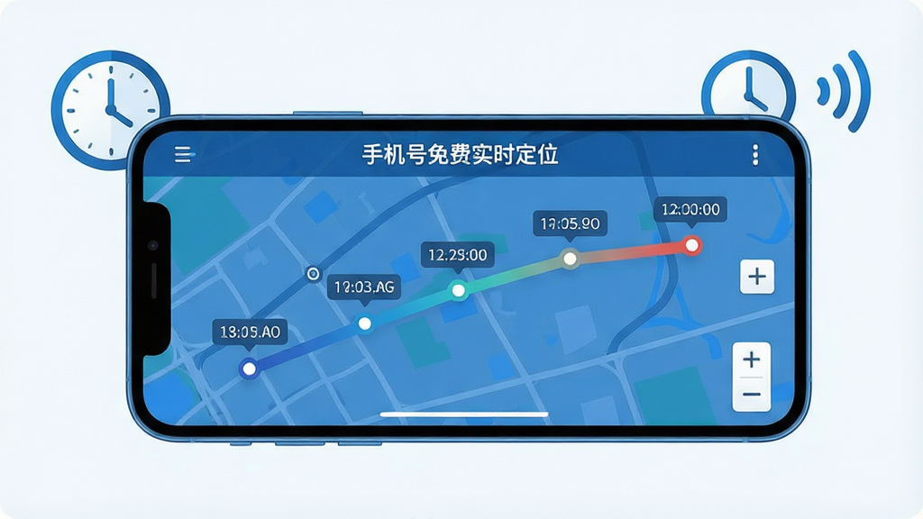 一张展示“手机号免费实时定位”实时追踪界面的图片,画面中一部手机横屏显示地图,地图上有一条移动轨迹线和多个时间标记点,轨迹从起点延伸到当前位置,手机旁边有一个时钟图标和信号图标,布局为横屏展示,排版清晰,风格为科技蓝调扁平风,细节包括轨迹线的渐变色彩、时间戳标签、地图缩放控件,画质清晰,干净,无多余元素。