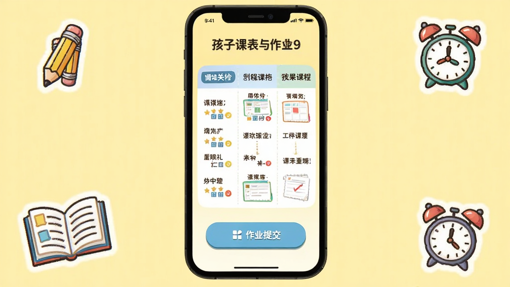 孩子通课程表与作业界面,手机屏幕展示一周课程安排表格和作业提交按钮,周围有铅笔、书本、闹钟等卡通图标,背景为淡黄色,风格明快整洁,画质清晰,干净无多余元素