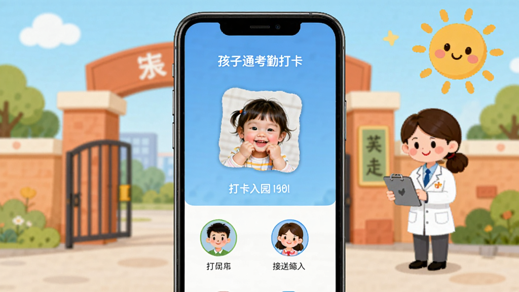 孩子通考勤打卡功能界面,手机屏幕显示孩子入园打卡成功页面,包含孩子照片、打卡时间、接送人头像,背景为幼儿园校门,有晨检老师和卡通太阳元素,风格活泼可爱,画质清晰,干净无多余元素