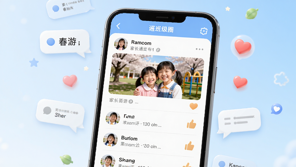 孩子通班级圈互动界面,手机屏幕展示班级动态列表,包含教师发布的春游照片、家长评论和点赞图标,周围有漂浮的对话框和爱心符号,背景为柔和的浅蓝色渐变,风格温馨友好,画质清晰,干净无多余元素