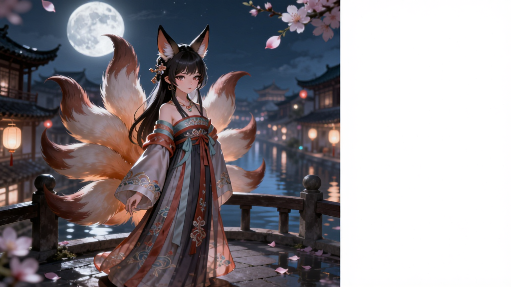 一只穿着古风服饰的九尾狐妖少女站在月光下的古桥上,身后是朦胧的古代城镇背景,画面主体位于中央偏左,右侧留白用于排版,整体风格为唯美二次元国风插画,细节包括飘落的花瓣、水面倒影、灯笼暖光,画质高清干净,无多余元素,画面中不出现任何文字