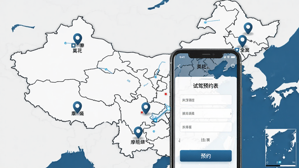 画面以一张中国地图为背景,地图上分布多个摩托莫里尼经销商定位图标,前景有一部手机显示试驾预约表单,布局地图与手机叠加,风格商务科技,细节包含城市名称标签与预约按钮,画质清晰,干净,无多余元素