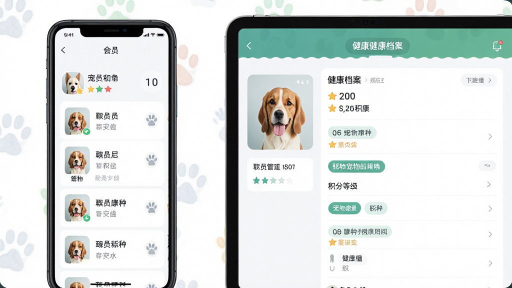 一张展示宠物店会员管理界面的AI生图,画面主体是一部智能手机和一台平板电脑并排展示,手机屏幕显示会员列表和宠物头像,平板屏幕显示宠物健康档案详情,布局为左右并列,排版简洁,风格为现代UI风格插画,细节包括会员等级图标、积分数字、宠物品种标签,画质高清,干净,无多余元素,画面中不出现文字