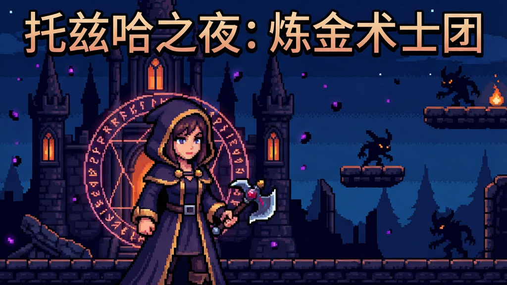 一张以《托兹哈之夜: 炼金术士团》为主题的像素风格游戏宣传图。主体是一位身穿炼金术士长袍、手持炼金武器的女主角,站在哥特式城堡的废墟前。布局采用经典横版动作游戏的构图,角色位于画面中央偏左,右侧背景展示游戏内的平台跳跃元素和魔物剪影。排版上,画面顶部用复古像素字体书写游戏名称“托兹哈之夜: 炼金术士团”。风格为精细的16位像素艺术,细节包含飘落的暗紫色夜光粒子、炼金术阵的符文光芒。画质清晰,画面干净,无多余元素,整体色调以深蓝、暗紫和暖橙色灯光为主。