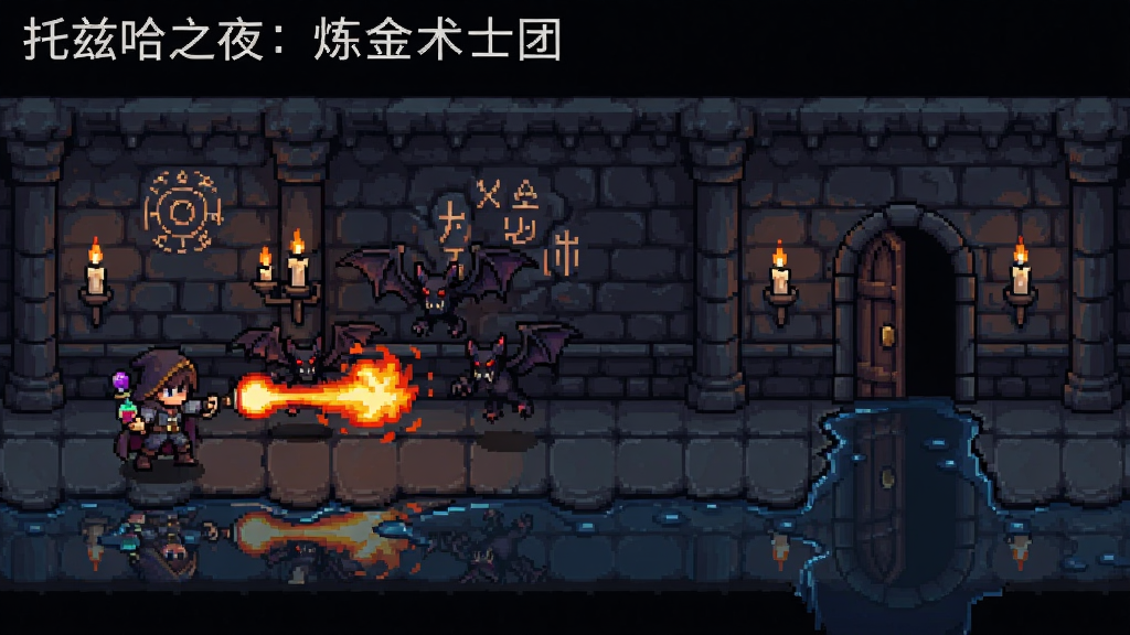 像素风格游戏场景展示图,主题为《托兹哈之夜: 炼金术士团》。画面主体是游戏中的哥特式古堡内部走廊,布局呈现横版卷轴视角。排版上,画面左侧展示角色正在使用炼金术火焰攻击蝙蝠状魔物,右侧展示隐藏房间入口。风格为暗黑奇幻像素风,细节包含摇曳的烛光、墙面上的炼金术符号、地面积水倒影。画质清晰,画面干净,无多余元素。