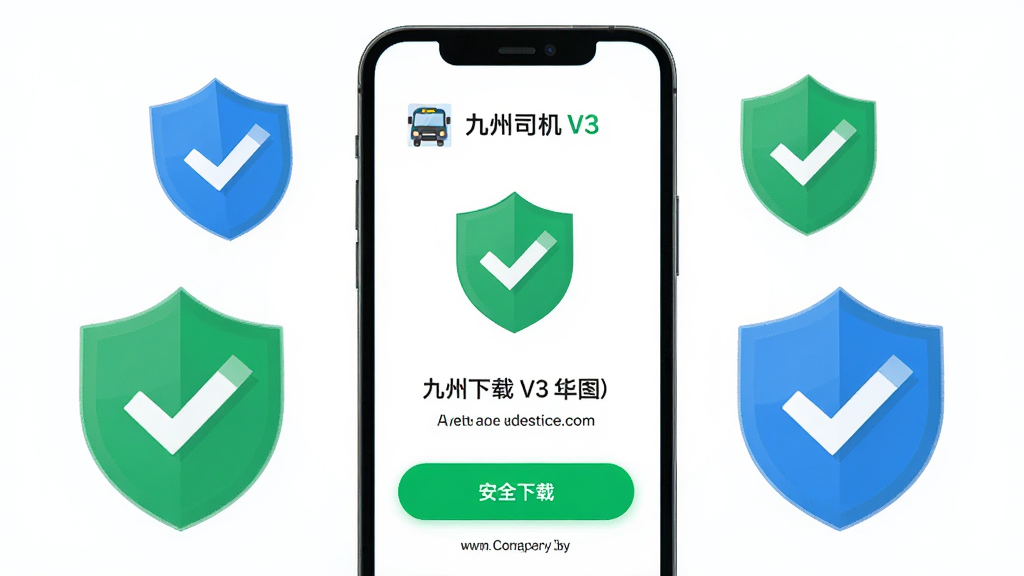 画面主体为九州司机V3应用在手机上的安全下载页面,布局为手机屏幕居中、周围有盾牌和勾选图标,风格为扁平化安全主题,细节包括绿色安全标识、下载按钮高亮、背景简洁,画质为高清,干净无多余元素