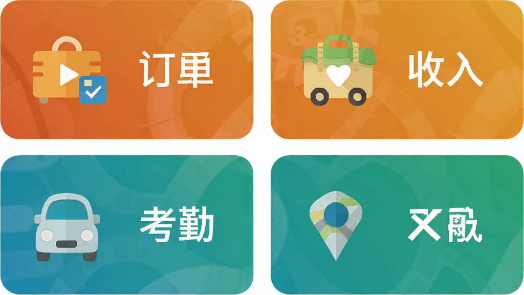 画面主体为九州司机V3应用的功能图标集合,包括订单、收入、考勤、导航四个模块,布局为2x2网格排列,风格为简约商务扁平化,细节包括图标配色统一、线条简洁、背景为白色,画质为高清矢量风格,干净无多余元素