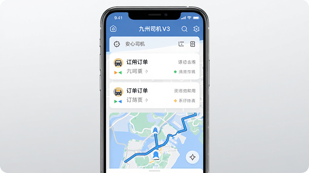 画面主体为一部智能手机,屏幕上显示九州司机V3应用的主界面,界面中有订单列表和地图导航元素,布局为手机居中放置,背景为浅灰色渐变,风格为现代科技感扁平化设计,细节包括手机边框光泽、界面图标清晰、地图路线高亮,画质为高清2K,干净无多余元素
