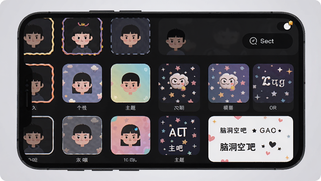 一幅展示“脑洞空了吧”个性化装扮系统的图片,主体是一个手机界面展示着各种头像框、主题皮肤和字体样式选项,布局采用网格陈列式,风格为时尚简约的扁平化设计,细节包括深色模式切换按钮和积分图标,画质高清,干净整洁