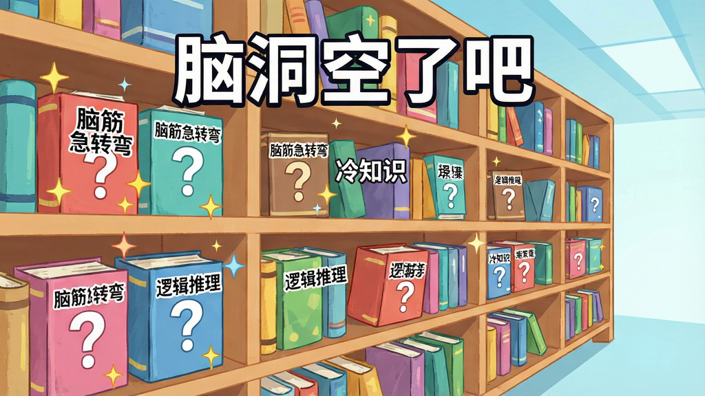 一张展示“脑洞空了吧”题库丰富的宣传图,主体是一个巨大的虚拟书架,书架上摆满了标有“脑筋急转弯”“冷知识”“逻辑推理”等标签的彩色书籍,布局采用书架透视视角,风格为明亮清新的插画风,细节包括书籍封面上的问号图案和闪烁的星星,画质清晰,干净无杂乱元素