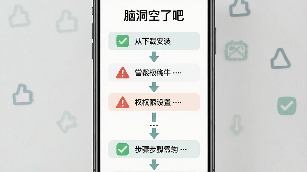 一幅展示“脑洞空了吧”新手操作指引的图片,主体是一部智能手机屏幕,屏幕上显示着从下载安装到权限设置的步骤流程图,布局采用纵向步骤条形式,风格为简洁明了的扁平化教程风,细节包括勾选图标、警告标志和箭头指示,画质高清,干净整洁,无多余元素