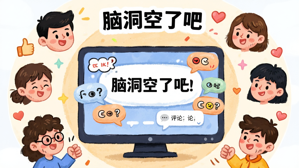 一幅展示“脑洞空了吧”社区互动场景的图片,主体是多个卡通人物头像围绕一个中心大屏幕,屏幕上显示着问题和各种搞笑的答案气泡,布局采用圆形环绕式构图,风格为活泼的社交插画风,细节包括点赞手势、爱心图标和评论框,画质高清,干净整洁